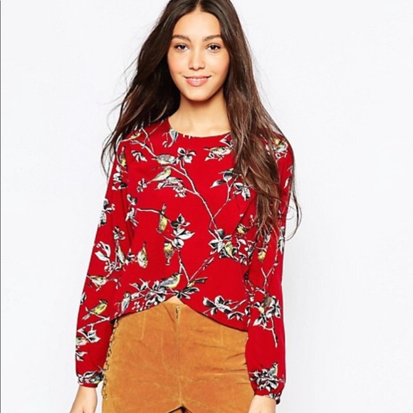 ASOS Tops - ASOS | Wrap Front Bird Print Crop Top in Burgundy